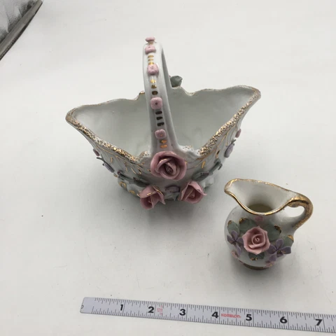 Vintage Porcelain Norcrest Gold Rim Pink Basket Pink Flowers Pitcher Mini Cover