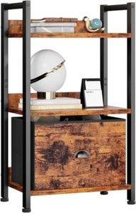 3 Tier Bookshelf with Drawer, Small Bookcase with Shelves, Short Wood and Metal - Picture 1 of 9