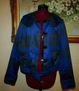 FABULOSITY SZ L BLUE/CHARCOAL PLAID BUTTON FT SHORT LINED JACKET/2 POCKETS EUC - Picture 1 of 7