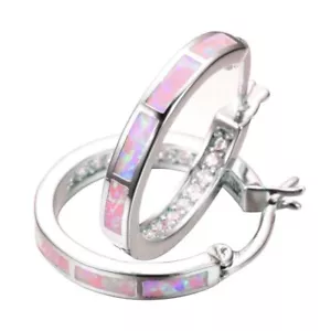 Fashion Wedding Jewelry Pink Simulated Opal White Cz Silver Hoop Earrings  - Picture 1 of 4