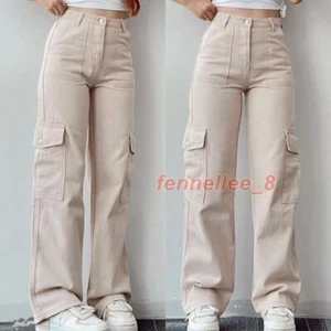 Womens Cargo Mid Waist Pockets Long Straight Legs Pants Casual Outdoor Trousers - Picture 1 of 29