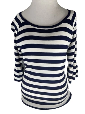 Женский топ Cable & Gauge темно-синие/белые полоски рукав 3/4 с оборками размер большой рубашка - Изображение 1 из 4