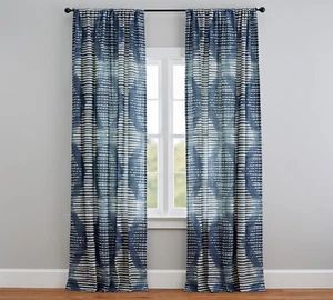 Shibori Diamond Linen/Cotton Rod Pocket Curtain, Blue, 84 x 50" - Picture 1 of 2