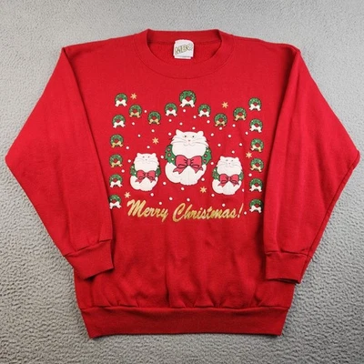 De Colección Navidad Blanco Gato Sudadera Extra Grande Cuello Redondo Suéter Coronas Abuela Foto 1 de 4