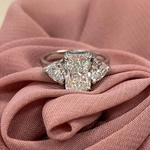 4 Ct Radiant-Cut VS1 Lab Grown Diamond Three Stone Wedding Ring 14k White Gold - Picture 1 of 10