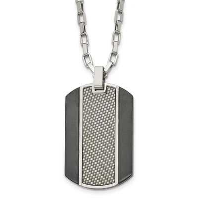 Stainless Steel Brushed & Polished Black IP Grey CarbonFiber Inlay Necklace - Image 1 of 4