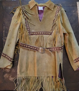 Native American Buckskin Shirt Mens Size 42 Pullover Fringe Belt Leather Indian - Picture 1 of 15
