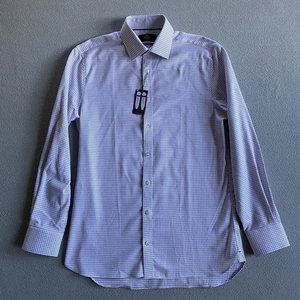M&S Luxury Men’s Tailored Shirt 15.5 White Purple Check Long Sleeve Cotton - Picture 1 of 15