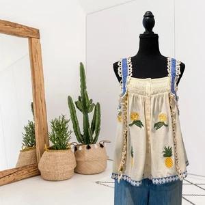 Seen Worn Kept Anthropologie Women’s M Pineapple Ruffle Strap Tank Top Ivory - Picture 1 of 13