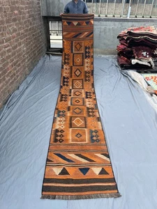 2x13 Afghan Handarbeit Kelim Läufer Teppich Geometrisch Tribal Wolle Eingangsbereich Carpet - Bild 1 von 10