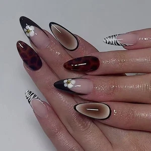 24Pcs French Design False Nail Leopard Stripes Floral Embellishments Fake Nail - Picture 1 of 8