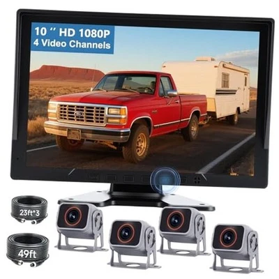 Backup Camera System Wired for Truck： 4 Channels 10-Inch IPS Quad Split  - Image 1 of 4