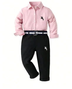 Conjunto de 3 piezas de Niño Camisa Color Rosa Manga Larga con Pantalones Largos - Picture 1 of 10