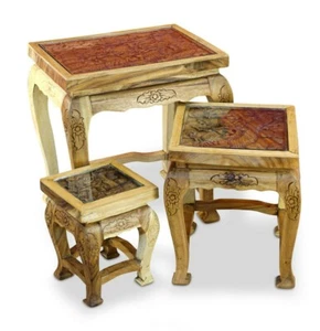 Side Table Set Wood Thai Furniture Dragon Elephant Carved Solid Wood Table Set - Picture 1 of 24