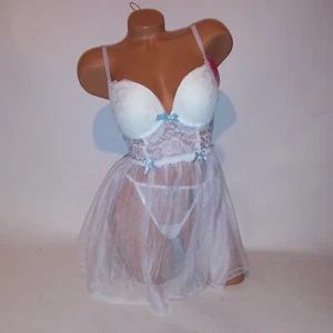 Black Fuchsia Lingerie Set Babydoll & Panty Medium White Lace Sheer Padded New - Picture 1 of 7