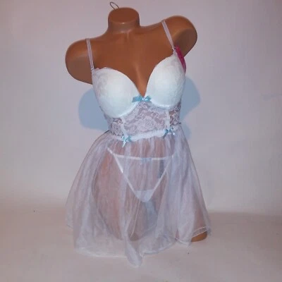 Black Fuchsia Lingerie Set Babydoll & Panty Medium White Lace Sheer Padded New - Image 1 of 4