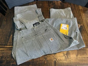 Carhartt Overalls Womens L 12-14 Rugged Flex Denim Bibs Railroad Striped Blue - Picture 1 of 12