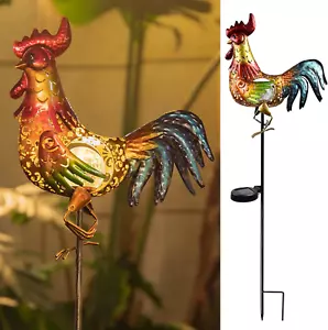 Chicken Rooster Solar Lights Outdoor Decorative Statue Metal Chicken Yard Lawn - Picture 1 of 9