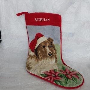 Wool Needlepoint Christmas Stocking Sheltie Dog Monogram SIOBHAN Red Velvet 18.5 - Picture 1 of 11