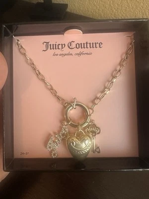 Juicy Couture Necklace Charm Puffer Heart Key &Juicy Rhinestones Logo Gold Tone - Image 1 of 3