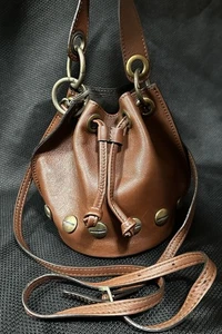 Stella Bianca Brown Leather Bucket Bag Gold-Tone Studs Drawstring Closure - Picture 1 of 7