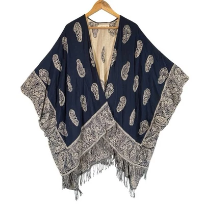 Abercrombie & Fitch ONE SIZE Bohemian Boho Paisley Shawl Wrap Tassel A&F Navy - Image 1 of 4