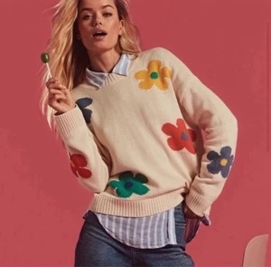 RAILS Beige/Multicolor Daisy Floral Intarsia Knit Pullover Perci Sweater Large - Picture 1 of 5