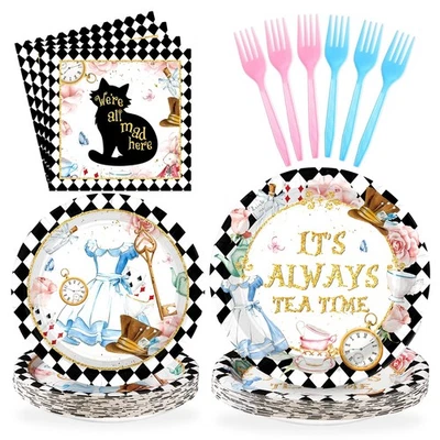 96 piezas decoraciones de fiesta Alicia en el País de las Maravillas - Juego de vajilla de fiesta de té Foto 1 de 4