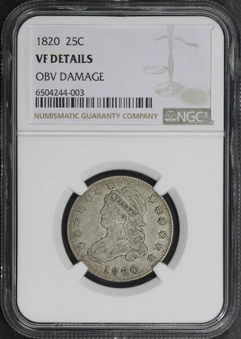 1820 Capped Bust Quarter NGC VF Details Obverse Damage Cover