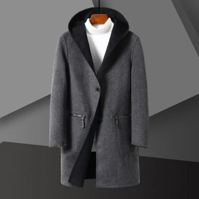 Мужская двусторонняя кашемир пальто длинный бизнес повседневный с капюшоном шерстяная ветровка - Изображение 1 из 4