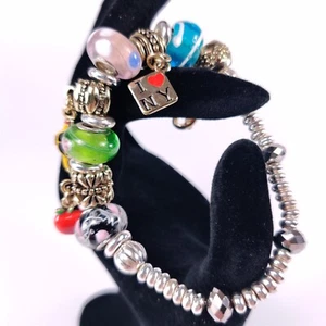 ✅ Silver Tone I Love New York NY Charm Bracelet Bead Bangle Women's Elastic - Picture 1 of 3