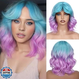 Peluca FAVE azul a púrpura con flequillo - Peluca ondulada de lavanda de cabello sintético ombre f - Imagen 1 de 5