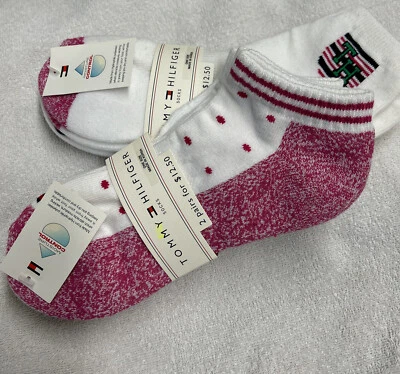 Calcetines tobilleros Tommy Hilfiger para mujer nuevos con etiquetas 2 paquetes de 2 pares.  Rosa y Blanco TH Foto 1 de 4