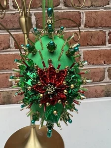 Push Pin Christmas Handmade Vintage Ornament Sequence Silk Red green Poinsettia - Picture 1 of 11