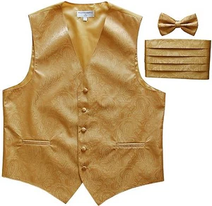 New Men's Paisley Tuxedo Vest Waistcoat & Cummerbund & Bow tie Wedding GOLD - Picture 1 of 4