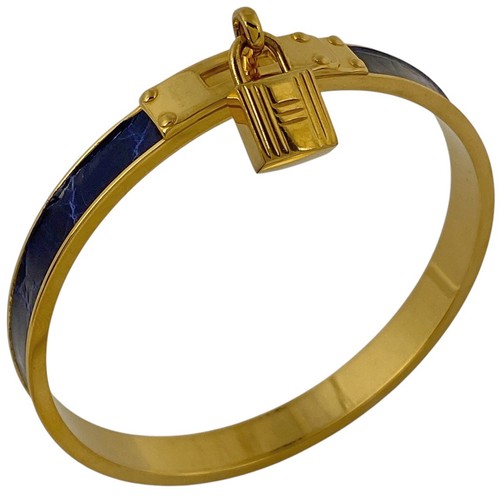 HERMÈS HERMES Kelly Bracciale Bracciale Cadena Braccialetto Pelle Placcata Oro Blu Navy...