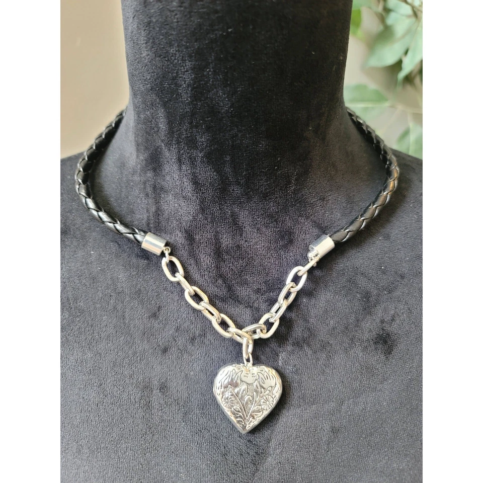 Women's Black Leather Braided Necklace with Silver Heart Locket Lobster Clasp - Image 1 of 4