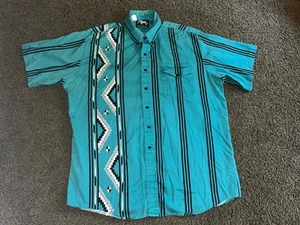 Vtg Roper shirt mens XL 2XL? Western Shortsleeve Brush popper Aztec Striped Teal - Picture 1 of 5