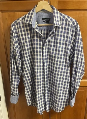 Bugatchi Shirt Mens Medium Blue Plaid Shaped Fit Cotton Button Up Flip Cuffs - Image 1 of 4