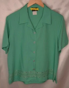Southern Lady Woman's 14 Short Sleeve Button Up Blouse Green w/ Gold Embroidery - Picture 1 of 4