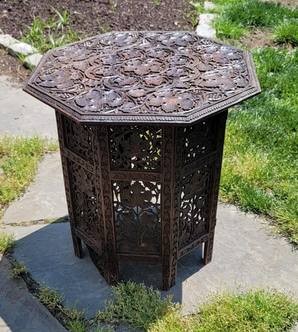 Carved Anglo-Indian Octagonal Fretwork collapsible folding side table 22/5" Tall Cover