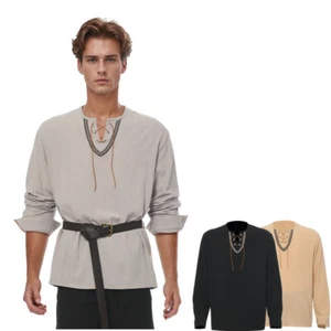Medieval Shirt for Men Viking Shirt Pirate Shirt Lace-up V Neck Shirt Halloween - Picture 1 of 15