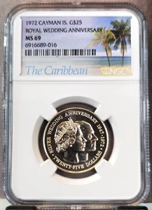 1972 CAYMAN ISLANDS GOLD 25 DOLLARS ROYAL WEDDING ANNIV NGC MS 69 RARE TOP POP - Picture 1 of 3