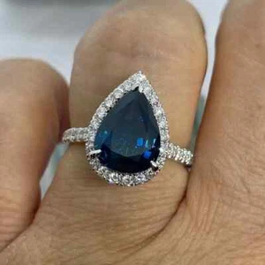 2Ct Pear Cut Lab-Created Sapphire Halo Wedding Ring 14K White Gold Plated Silver - Picture 1 of 8