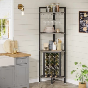 Metal 18 Bottles Wine Racks Drinks Corner Cabinet Stand W/ Glass Holer Home Bar - Picture 1 of 12
