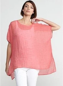 EILEEN FISHER Linen Gause Pinstripe HI Low Boxy Tunic Top Pink Blouse Size L - Picture 1 of 9