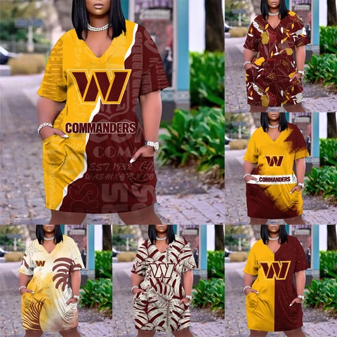 Washington Commanders Women's Short Sleeve V Neck Dress Loose Midi Dress Blouse Cover