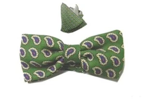 Nœud Papillon Laine Homme Vert Dessins Paisley Même Ensemble Mouchoir De Veste - Picture 1 of 9