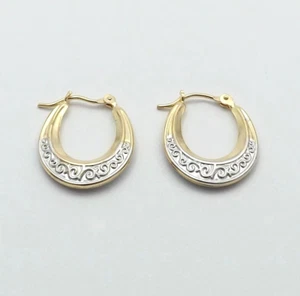 14k Two Tone Gold Small Hoop Earrings Graduated PetiteOrnate Scroll New - Picture 1 of 5
