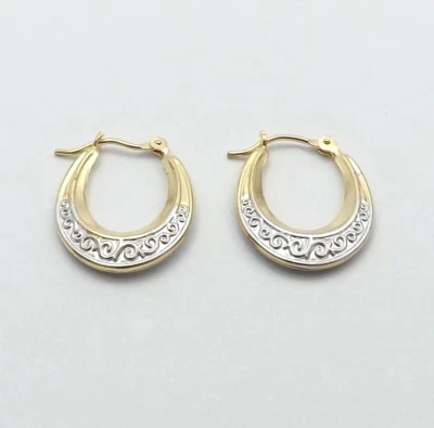 14k Two Tone Gold Small Hoop Earrings Graduated  PetiteOrnate Scroll New - Image 1 of 4